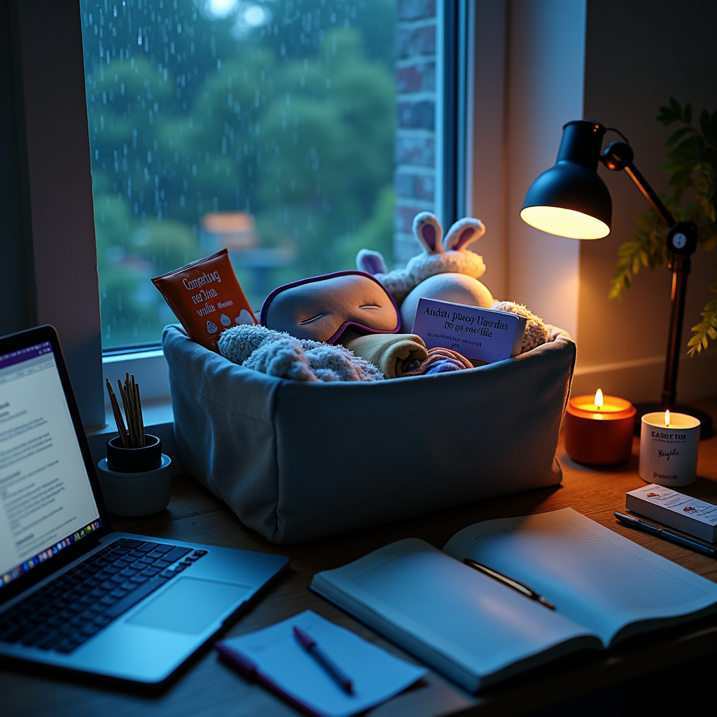 Cozy desk by rainy window with laptop, open notebook, lamp and candle, and basket of plush toys and books
