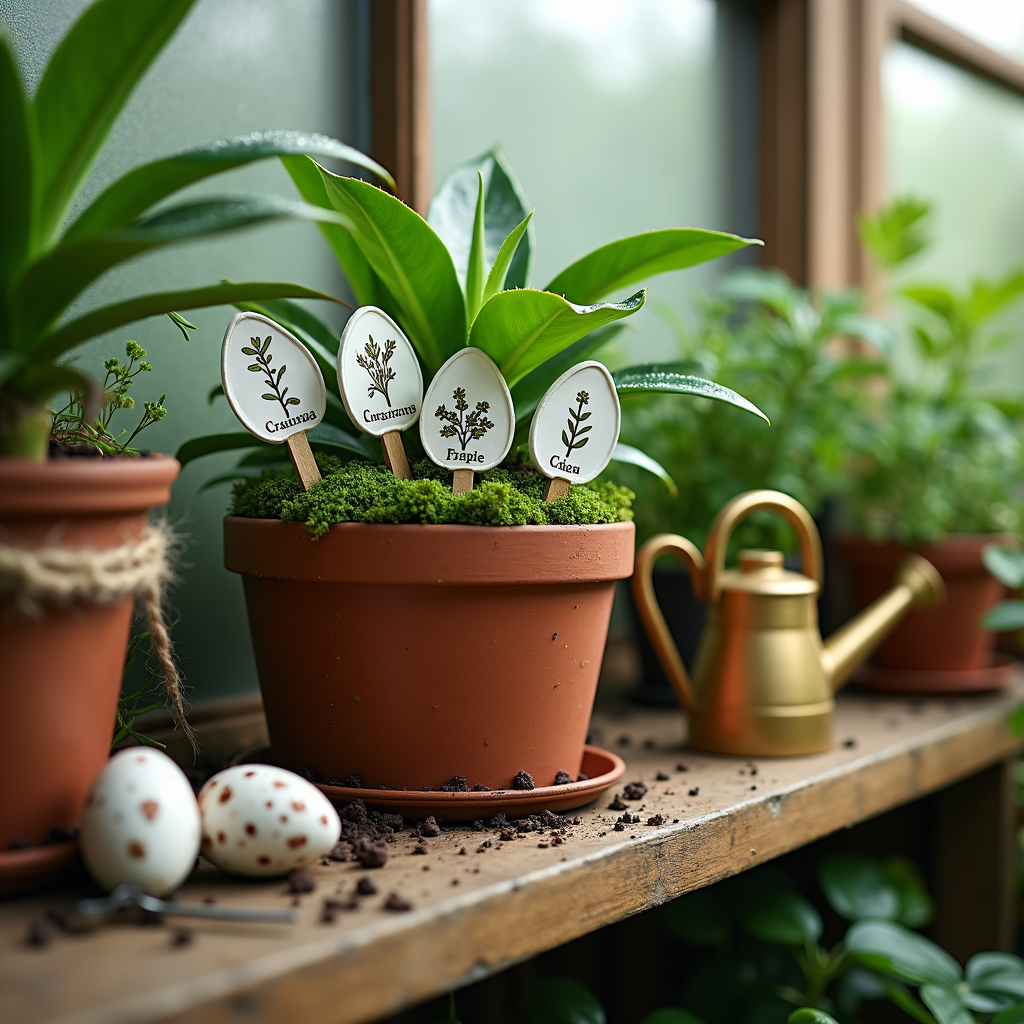 Potted plant with labeled herb markers on a windowsill, soil scattered, eggs and a small gold watering can nearby.
