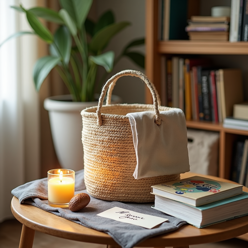 Woven basket with cloth on a table beside a lit candle, books, and a note, with a plant and bookshelf behind
