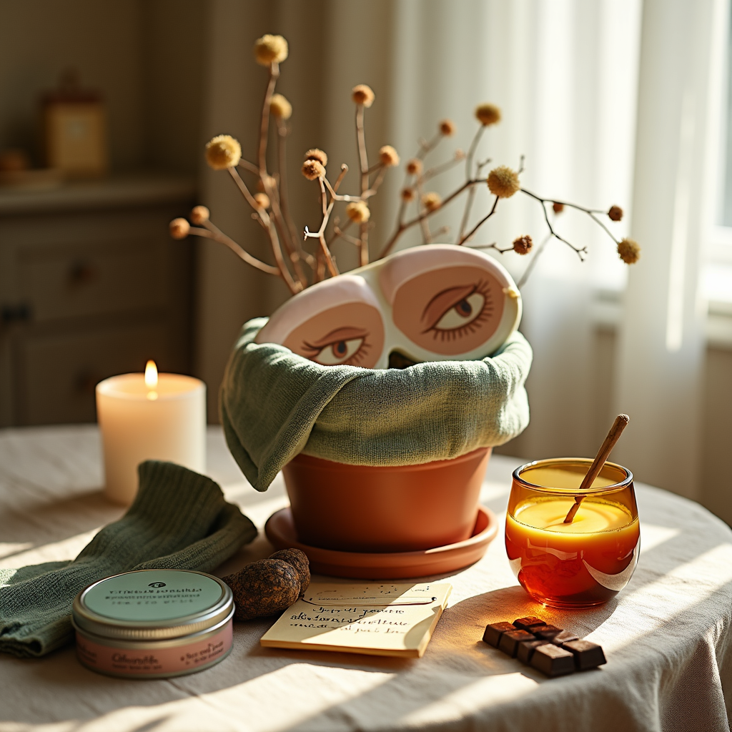 Cozy table scene with potted plant wrapped in cloth, face mask, lit candle, honey tea, and chocolate in sunlight.