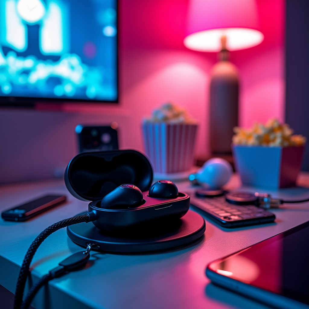 Wireless earbuds in open charging case on desk, with TV, lamp, popcorn, and smartphone in neon lighting
