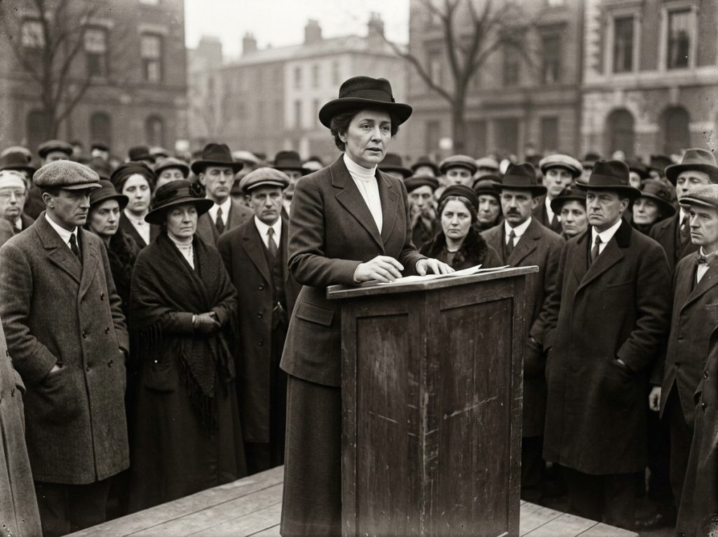 Woman in suit and hat speaks at a wooden podium to a crowd of men in coats and hats outdoors.