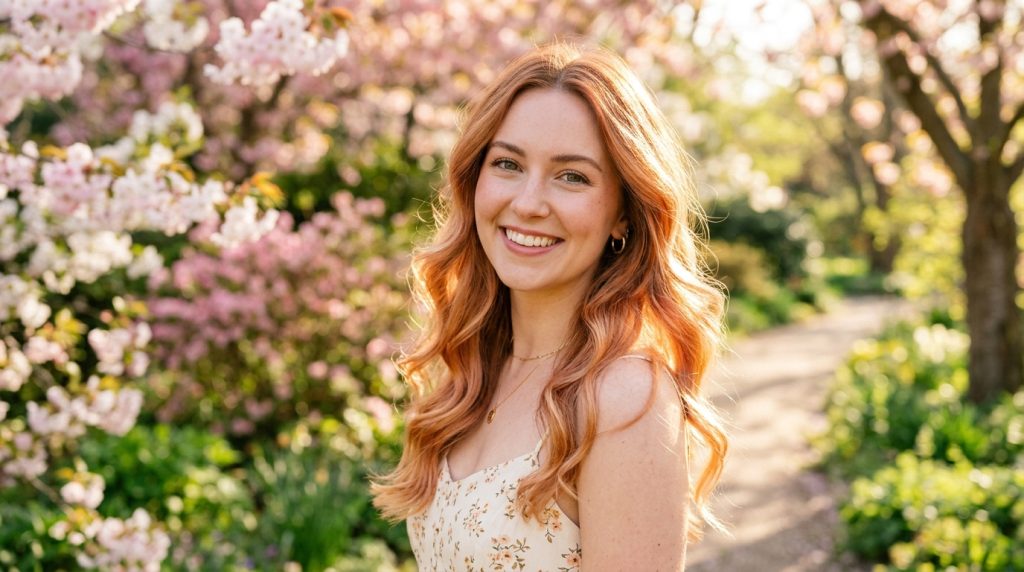 Person with long wavy red hair in a floral dress standing on a sunlit path among blooming pink trees