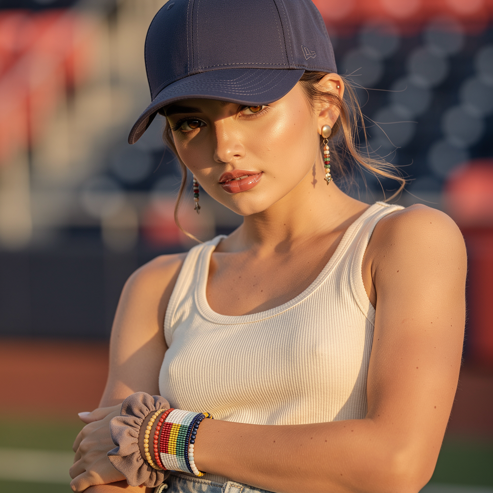 Person in a navy cap and white tank top, arms crossed, wearing colorful beaded bracelets in a stadium.