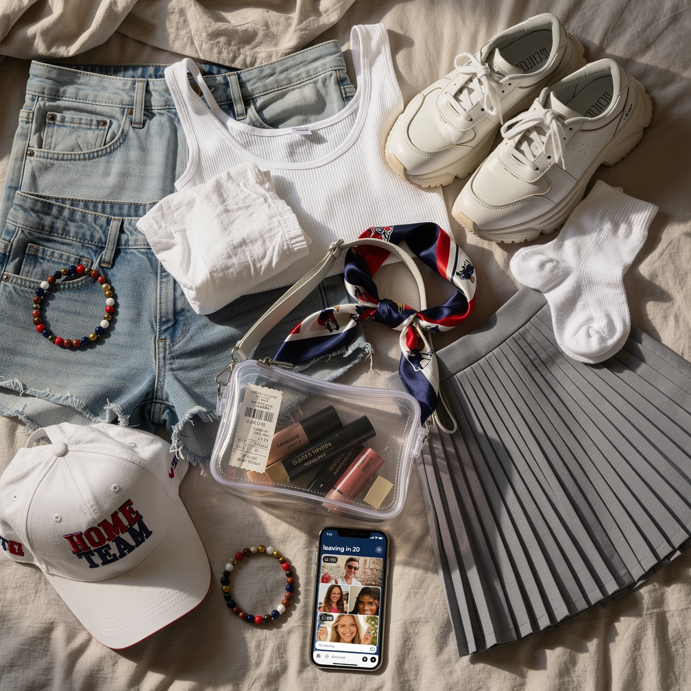 Flat lay of casual outfit: denim shorts, white tank, sneakers, socks, pleated skirt, cap, scarf, bracelets, phone.