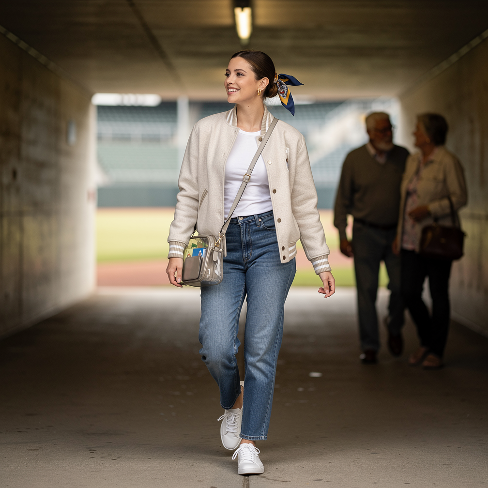 Woman in jeans and a light jacket walking through a stadium tunnel, carrying a crossbody bag, with people behind.