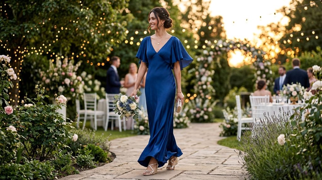 Guest in a blue gown holding a bouquet and clutch, walking on a garden path with string lights and flowers at sunset