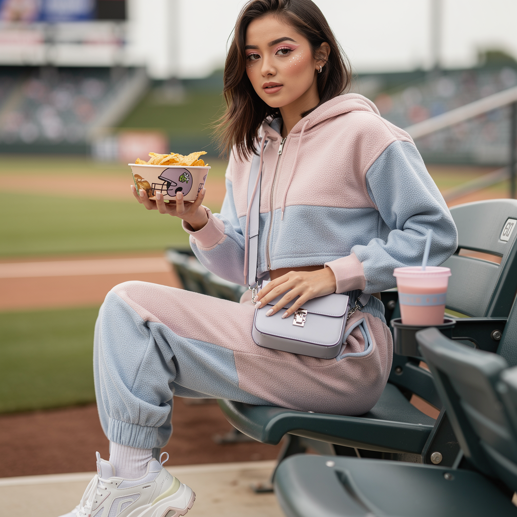 Person in pastel tracksuit at a baseball stadium holding a bowl of nachos, with a drink beside them.