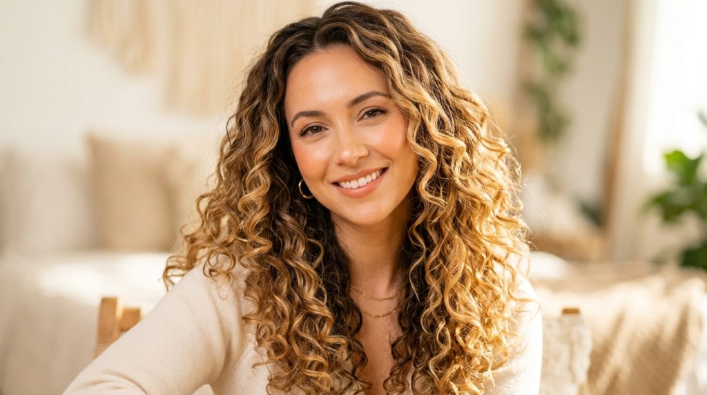 Person with long curly hair in a bright living room, face obscured by a blurred rectangle
