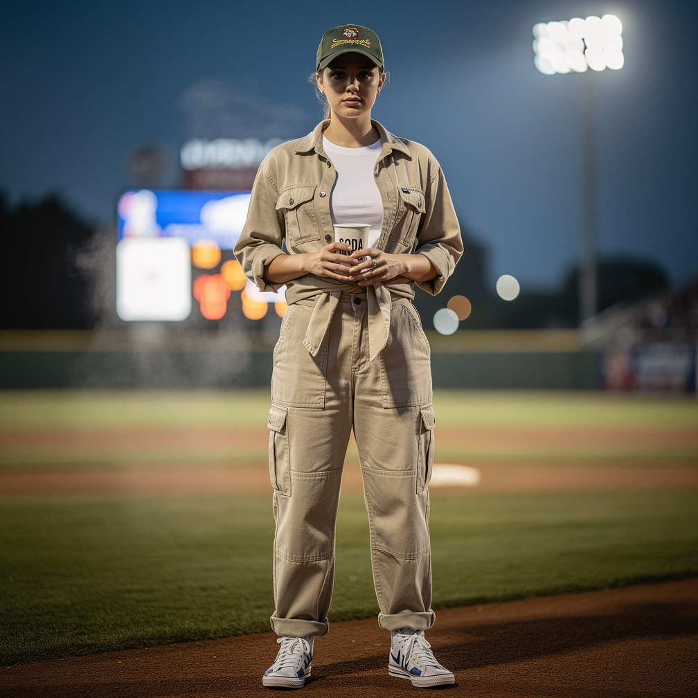 Person in tan jumpsuit and cap holding a cup on a baseball field at night, with stadium lights and scoreboard blurred behind