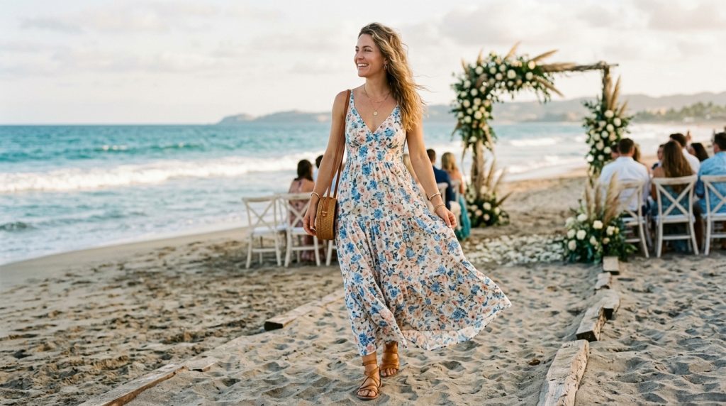 Woman in a floral maxi dress walking on a sandy beach near an oceanfront wedding ceremony with arch and guests.