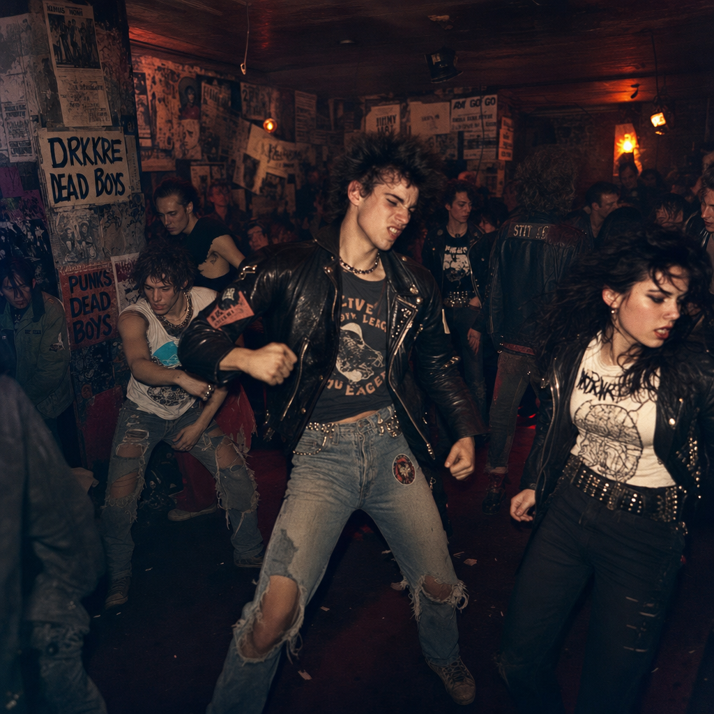 Punk rock crowd dancing in a dim, poster-covered club, with people in leather jackets and ripped jeans