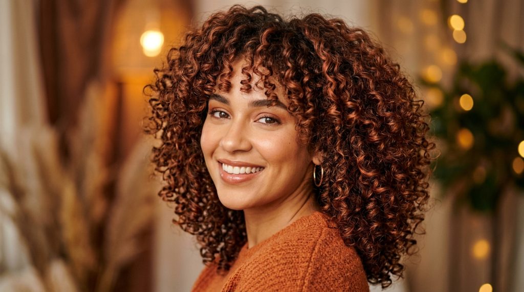 Portrait of person with voluminous curly auburn hair in a warm, softly lit indoor setting with bokeh lights.