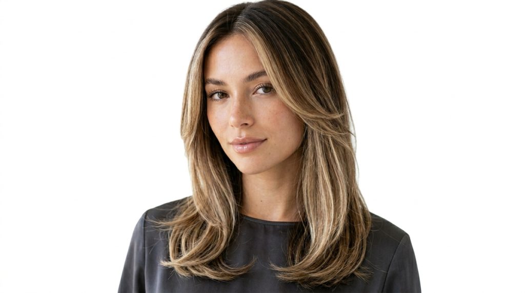 Person with long highlighted brown hair wearing a dark top, face obscured, on a white background