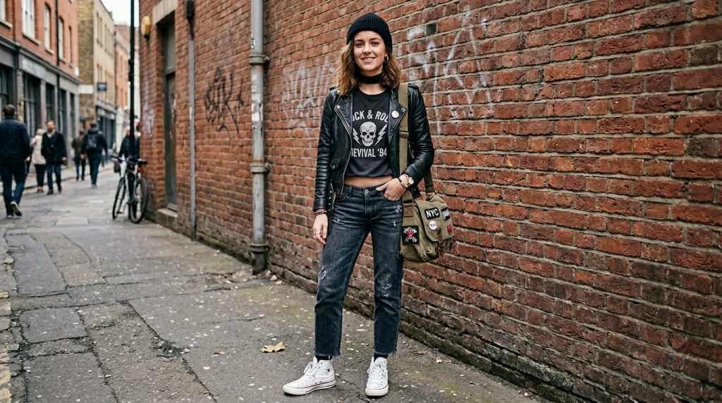 Person in leather jacket, band T-shirt, jeans and white sneakers standing by a graffiti brick wall on a city street.