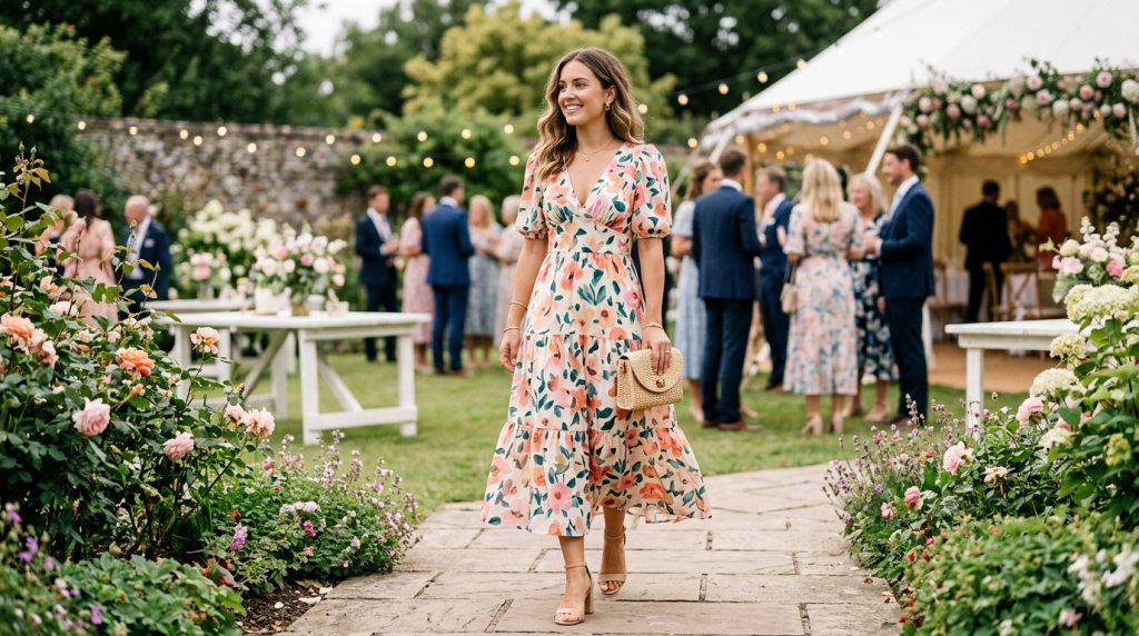 Guest in a floral dress holding a straw clutch walks along a garden path at an outdoor event with a tent and lights.