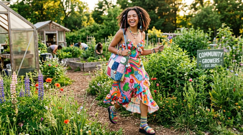 Person in colorful dress carrying wildflowers and a patchwork bag walking through a community garden with greenhouse.