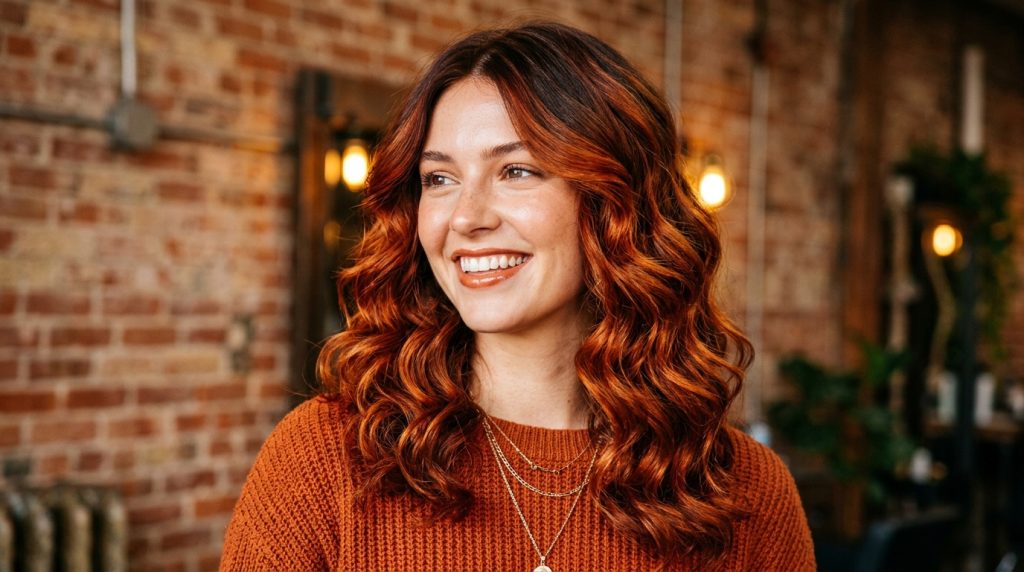 Person with long wavy auburn hair in an orange sweater, indoors against a brick wall with warm lights.