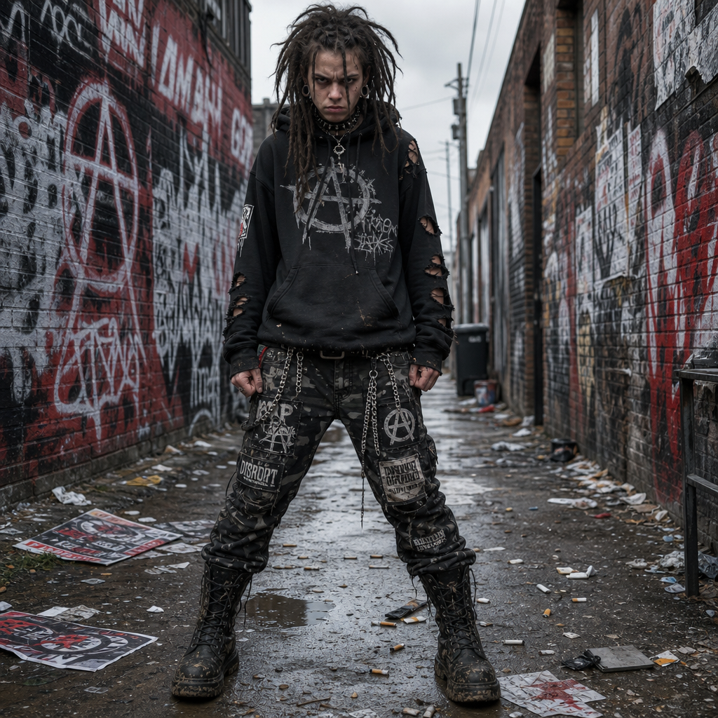 Person with dreadlocks in ripped black hoodie and punk pants stands in graffiti-covered alley with litter.