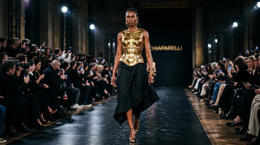 Runway model wearing a gold sculpted corset top and flowing black skirt, walking down a fashion show catwalk.