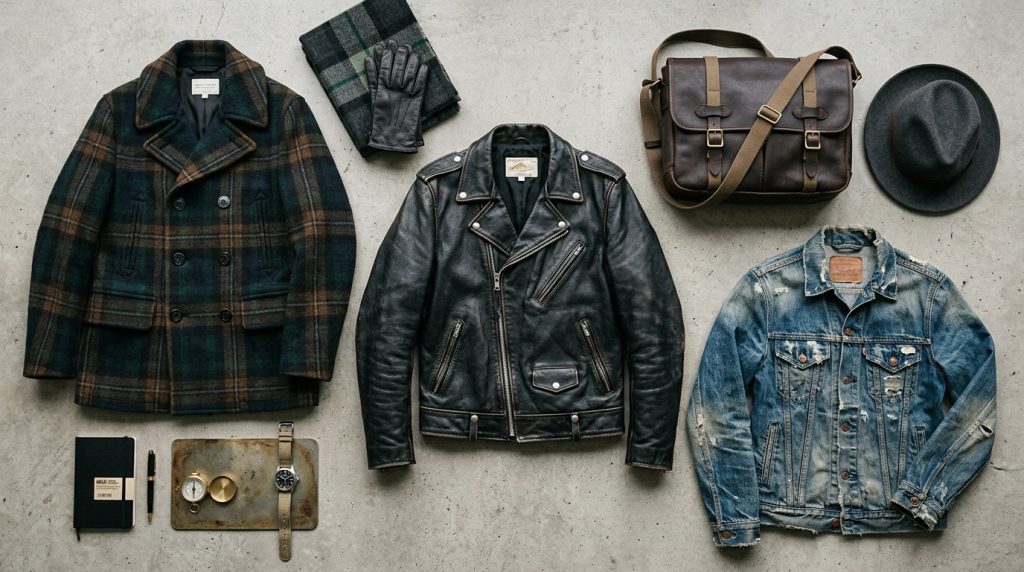 Flat lay of plaid coat, black leather jacket, distressed denim jacket, gloves, satchel, hat, and accessories on concrete