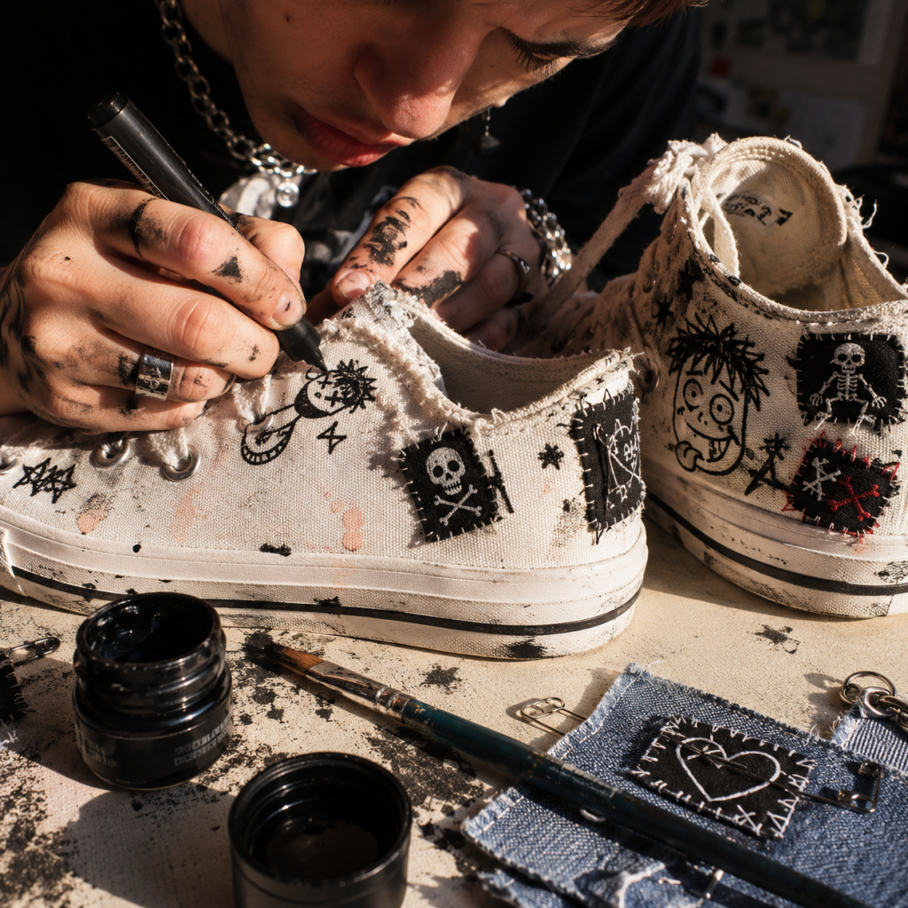 Person drawing black designs on white canvas sneakers with patches and paint on a messy worktable