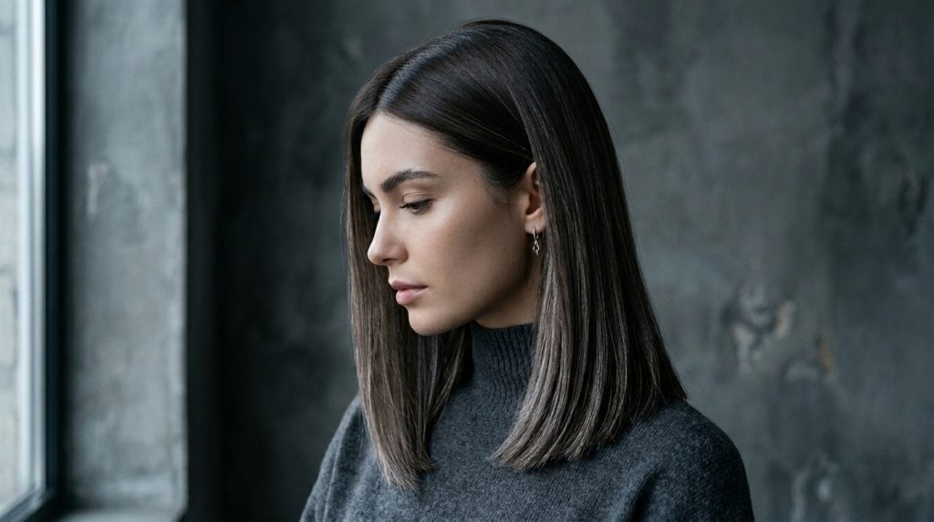 Person with straight shoulder-length hair in a gray turtleneck, standing by a window against a dark wall