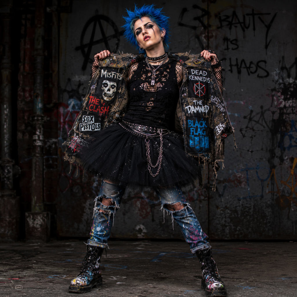 Punk with blue spiked hair in tutu and ripped jeans, holding a band-patch jacket in a graffiti-covered alley.