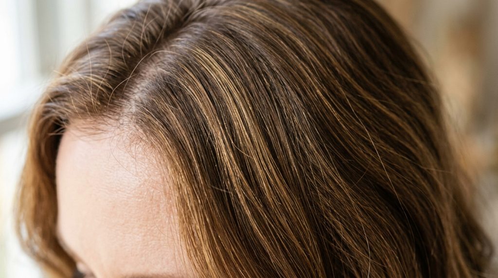 Close-up of a person’s scalp and brown hair parted near the forehead, showing hairline and roots.