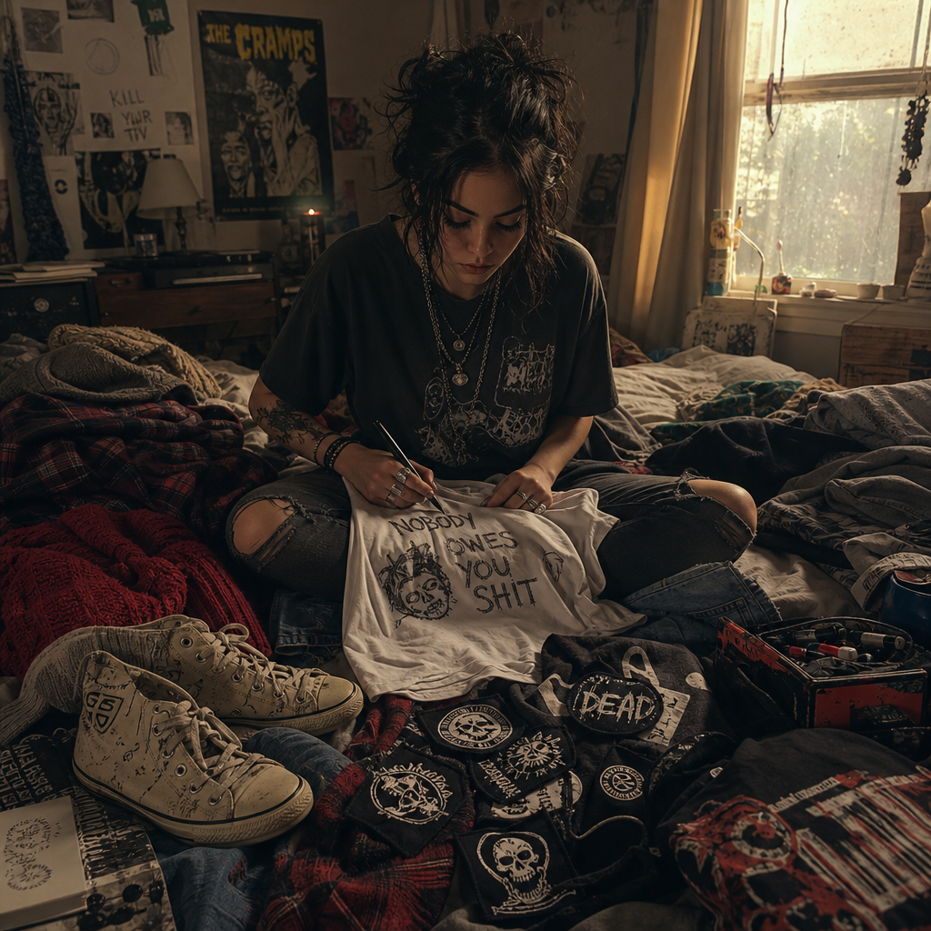 Person sits on messy bed drawing on a T-shirt; punk posters, patches, and sneakers scattered in sunlit bedroom