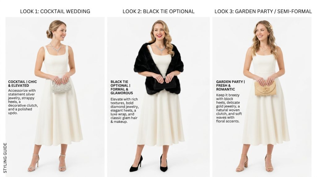 Three-panel styling guide showing a white midi dress styled for cocktail, black-tie optional, and garden party looks.