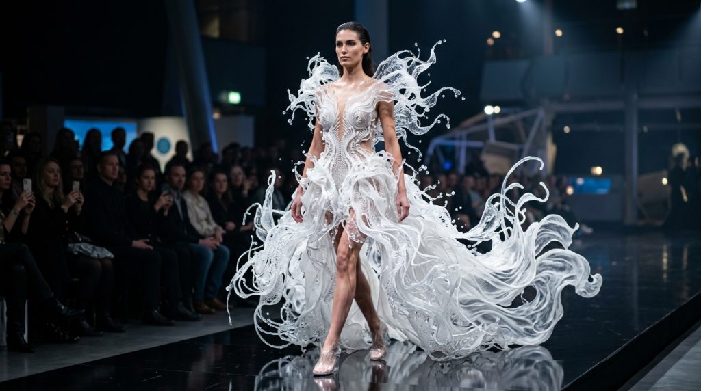 Model walking a runway in an ornate white gown with swirling, translucent, water-like tendrils and long train.