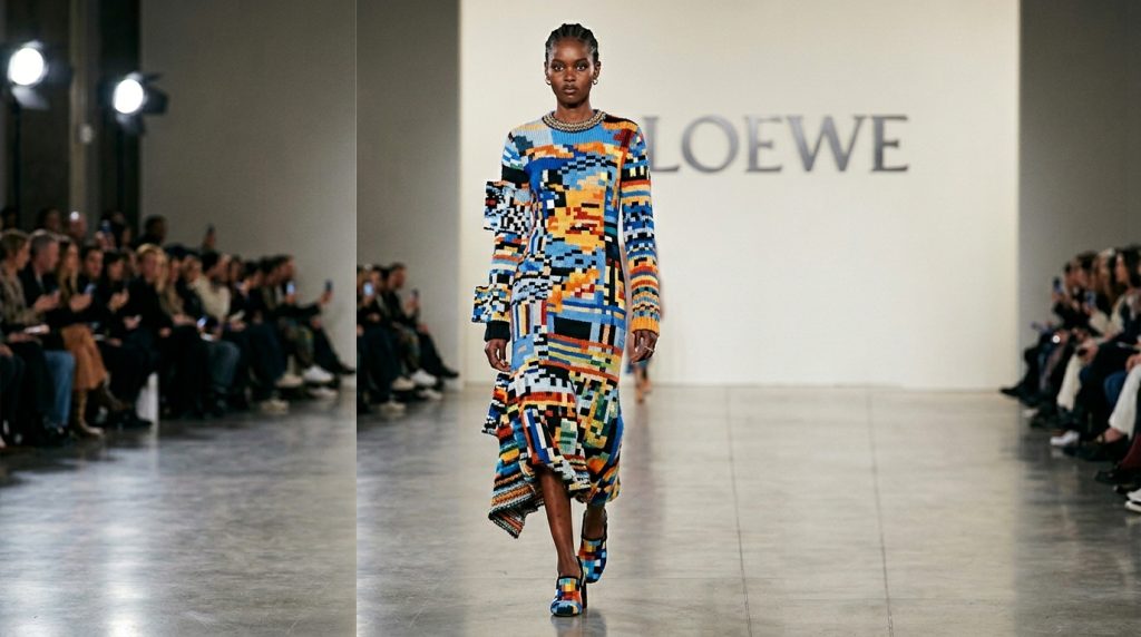 Model walking runway in a colorful patchwork dress and matching shoes, with audience seated on both sides and LOEWE backdrop.