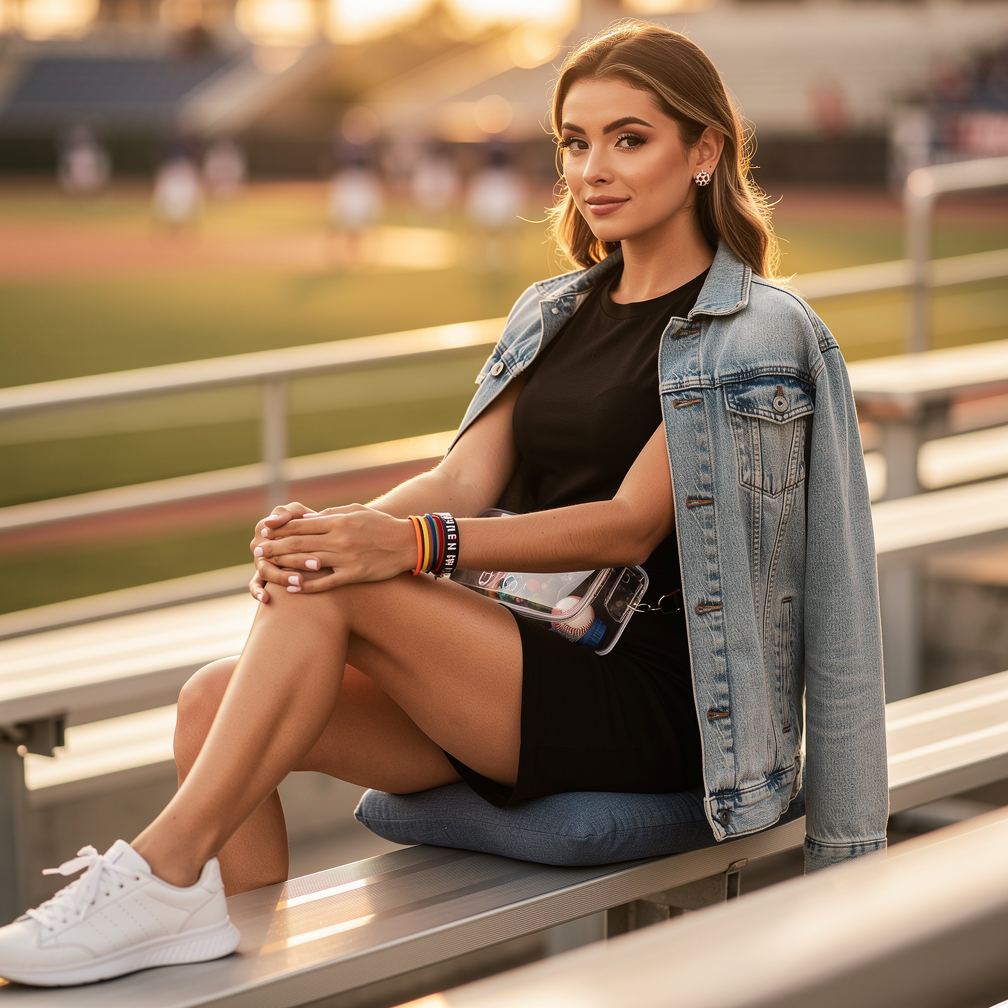 Person seated on stadium bleachers at sunset, wearing black dress, denim jacket, bracelets, and white sneakers