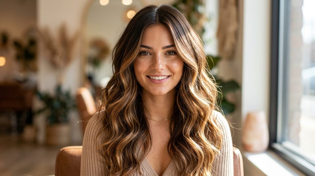 Person with long wavy highlighted hair sitting indoors by a window, face blurred, warm bokeh background.