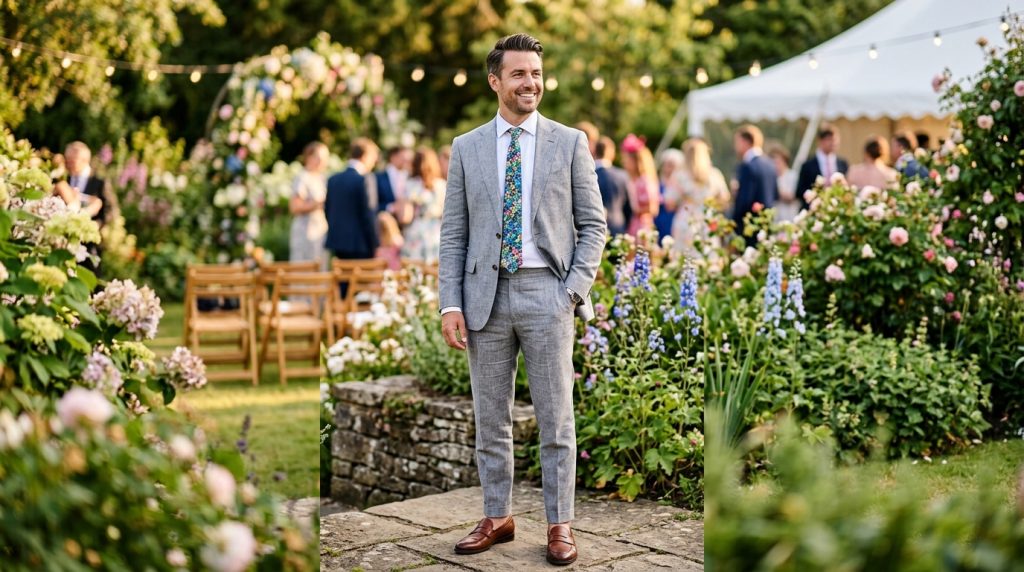 Man in gray suit with floral tie standing in a garden wedding venue with flowers, guests, and a white tent in background