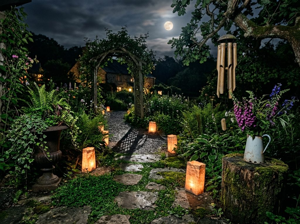 Moonlit garden path with glowing lanterns leading to an ivy-covered arch, flowers, and a wind chime in a tree.