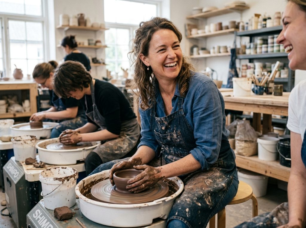 People shaping clay on pottery wheels in a bright ceramics studio with shelves of tools and finished pieces