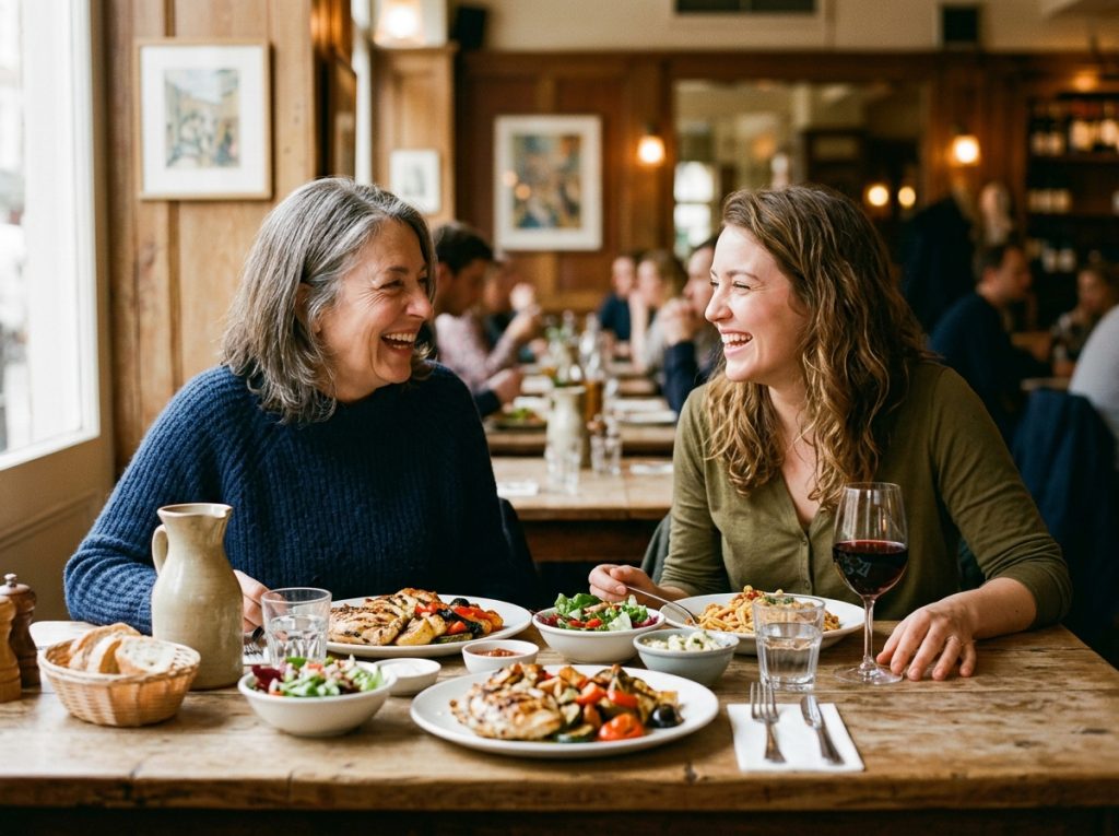 Two women dining at a rustic restaurant table with salads, pasta, grilled vegetables, bread, and a glass of red wine