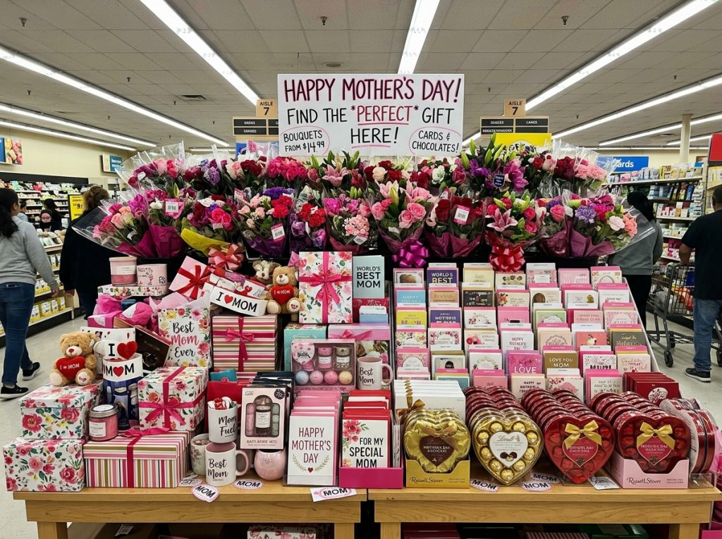 Mother’s Day store display with flower bouquets, greeting cards, gift boxes, mugs, and heart-shaped chocolates on tables.