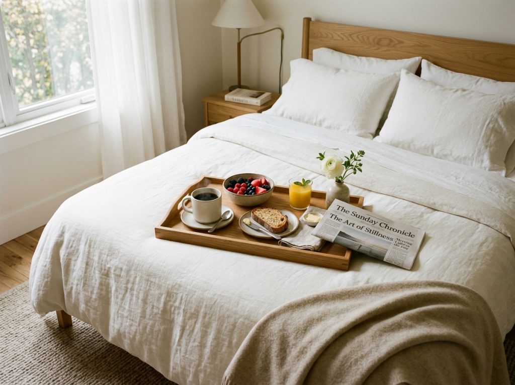 Breakfast tray with coffee, fruit, toast, juice, flowers, and newspaper on a neatly made bed by a window.