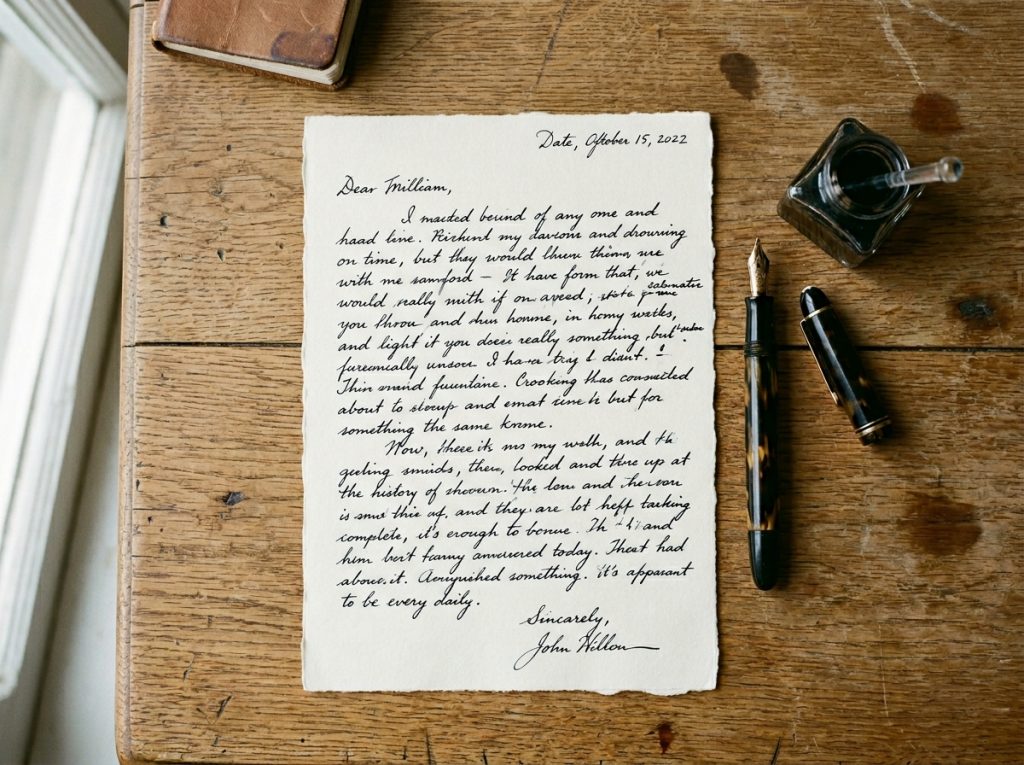Handwritten letter on wooden desk beside fountain pen and ink bottle, dated October 15, 2022.