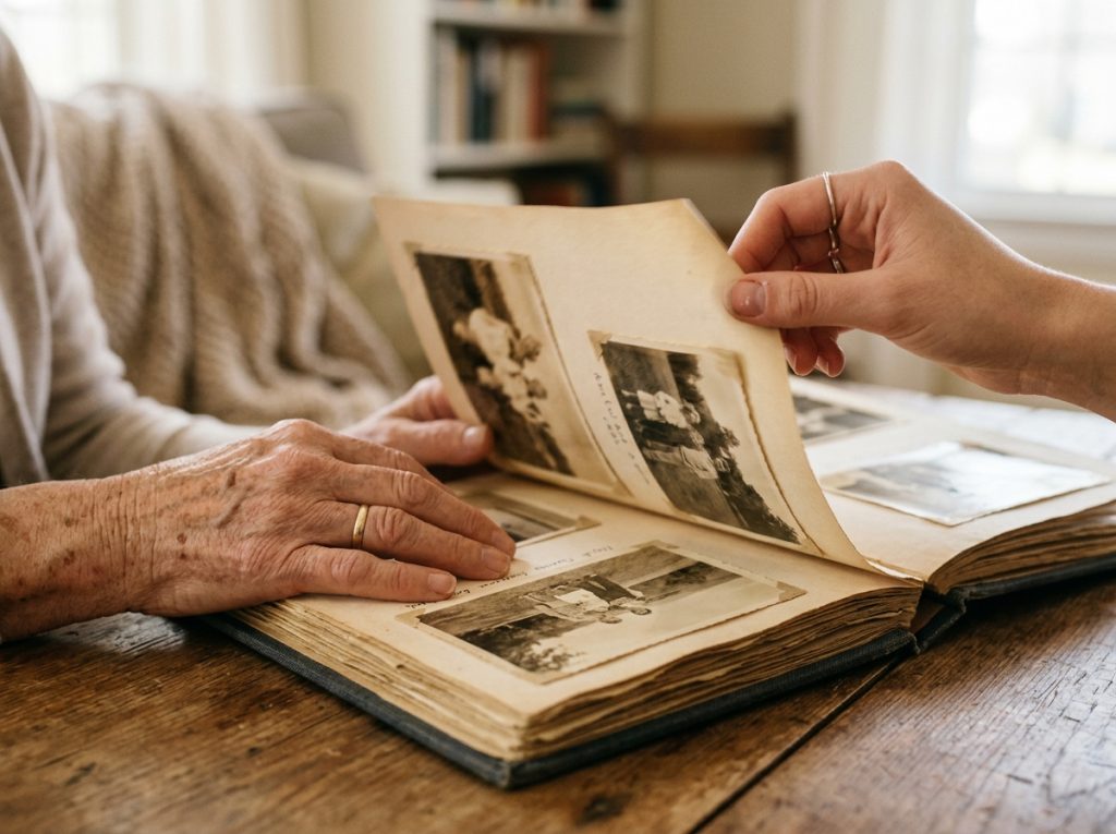 Hands flipping through an old photo album with vintage black-and-white family photos on a wooden table