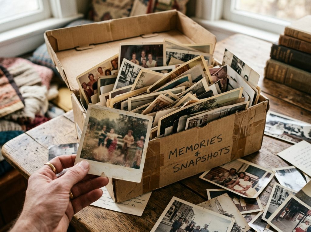Hand holding vintage photo beside a box of old snapshots labeled "Memories + Snapshots" on a wooden table