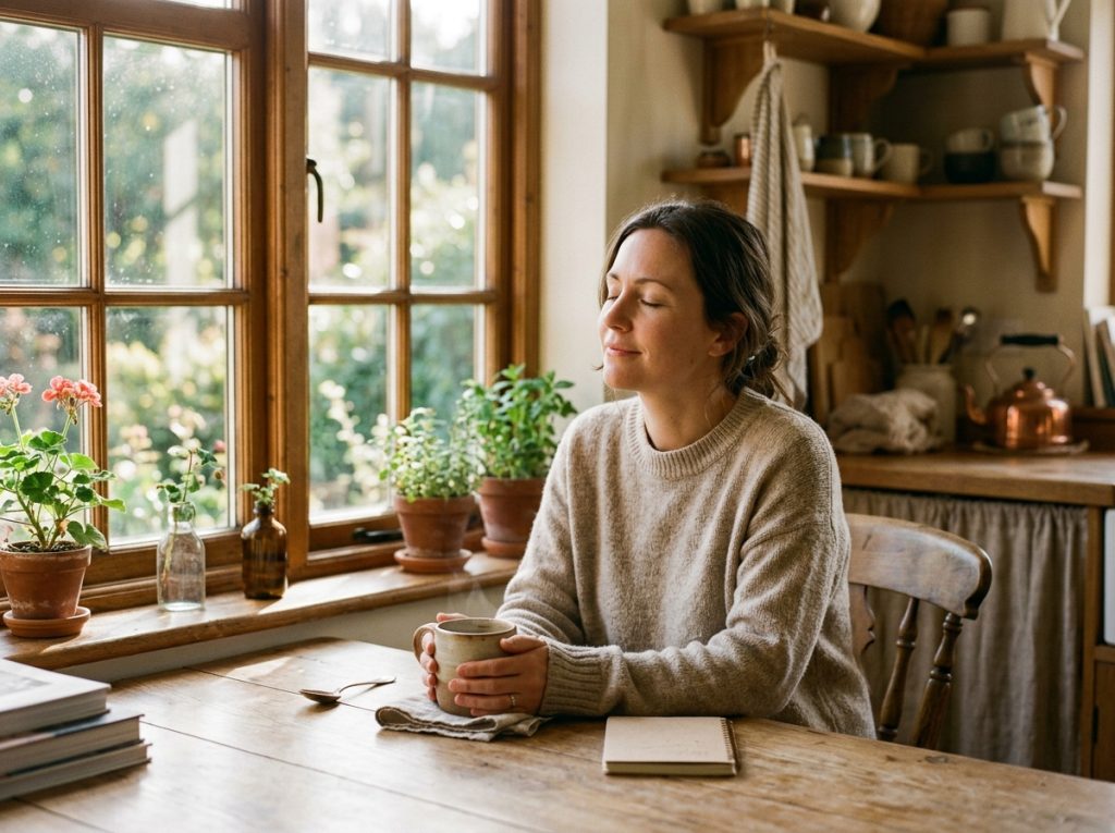 Person in a cozy kitchen holding a mug at a wooden table by a sunny window with potted plants and shelves