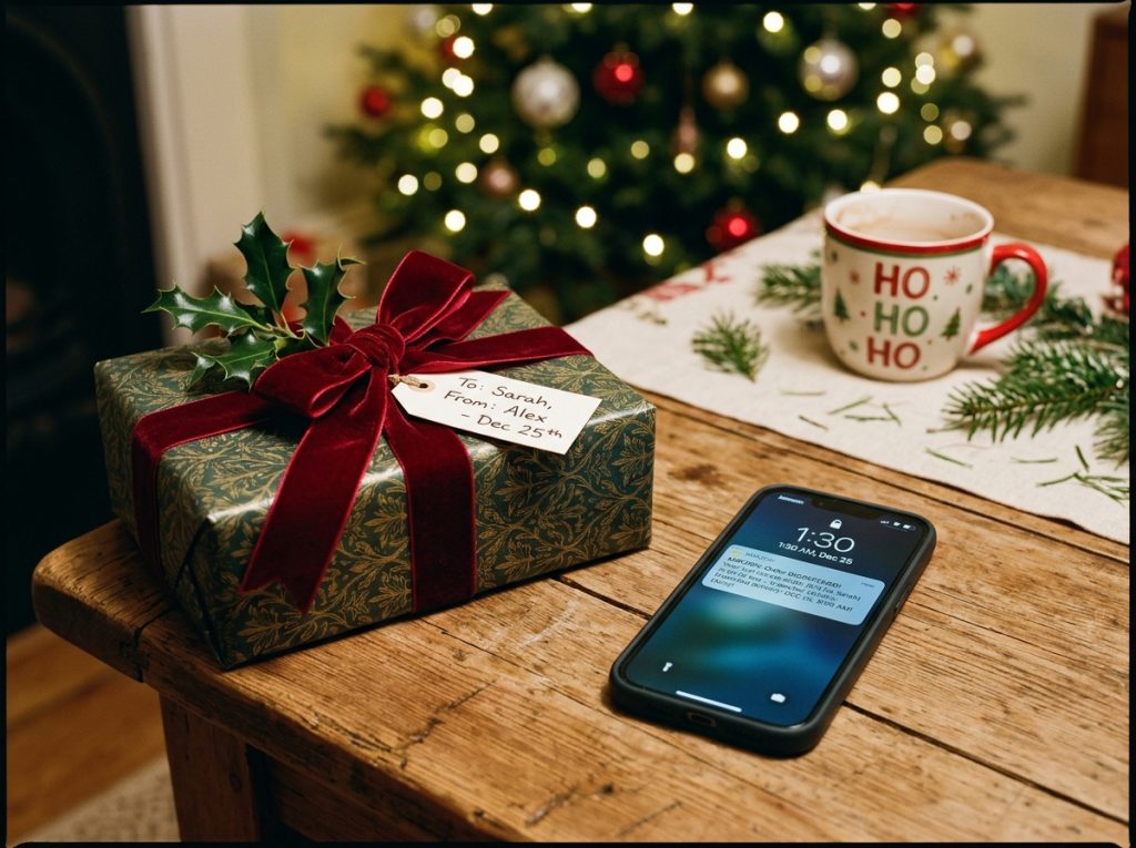 Wrapped Christmas gift with red bow and tag on wooden table beside smartphone and “HO HO HO” mug, tree blurred behind