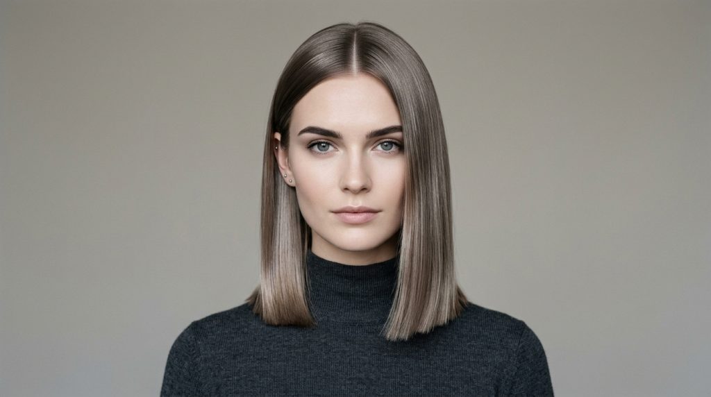 Person with straight shoulder-length ombre hair and center part, wearing a dark turtleneck against a gray background