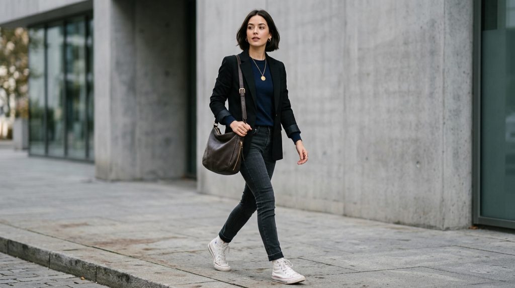 Person in black blazer and jeans walking on a city sidewalk, carrying a shoulder bag and wearing white sneakers.