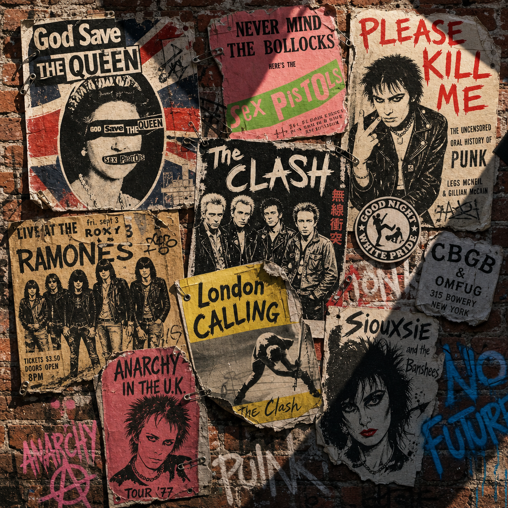 Collage of torn punk rock posters on a brick wall, featuring Sex Pistols, The Clash, Ramones, and Siouxsie.