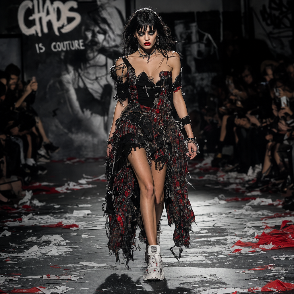 Model walks runway in distressed black-and-red plaid dress with chains, white boots, graffiti backdrop and crowd